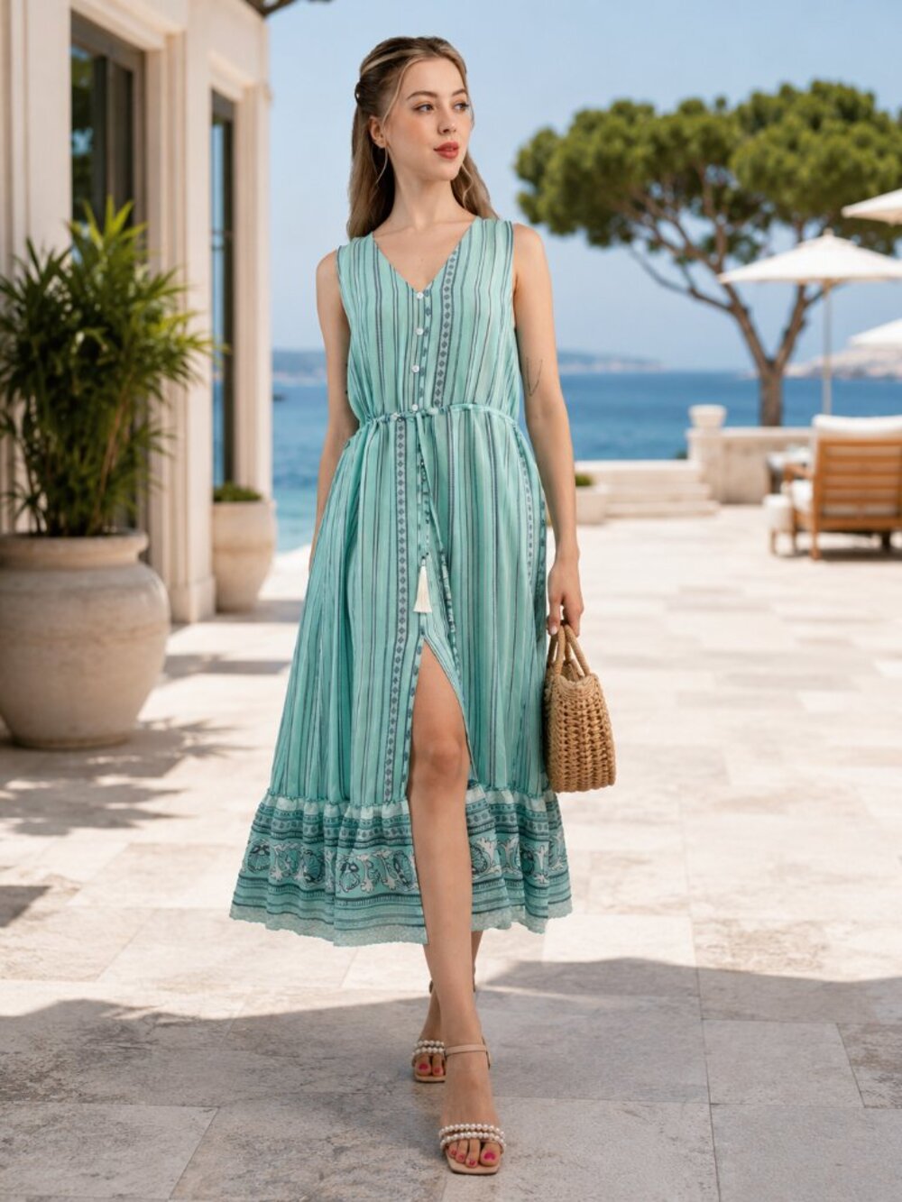Sleeveless Stripe Printed  Maxi Dress
